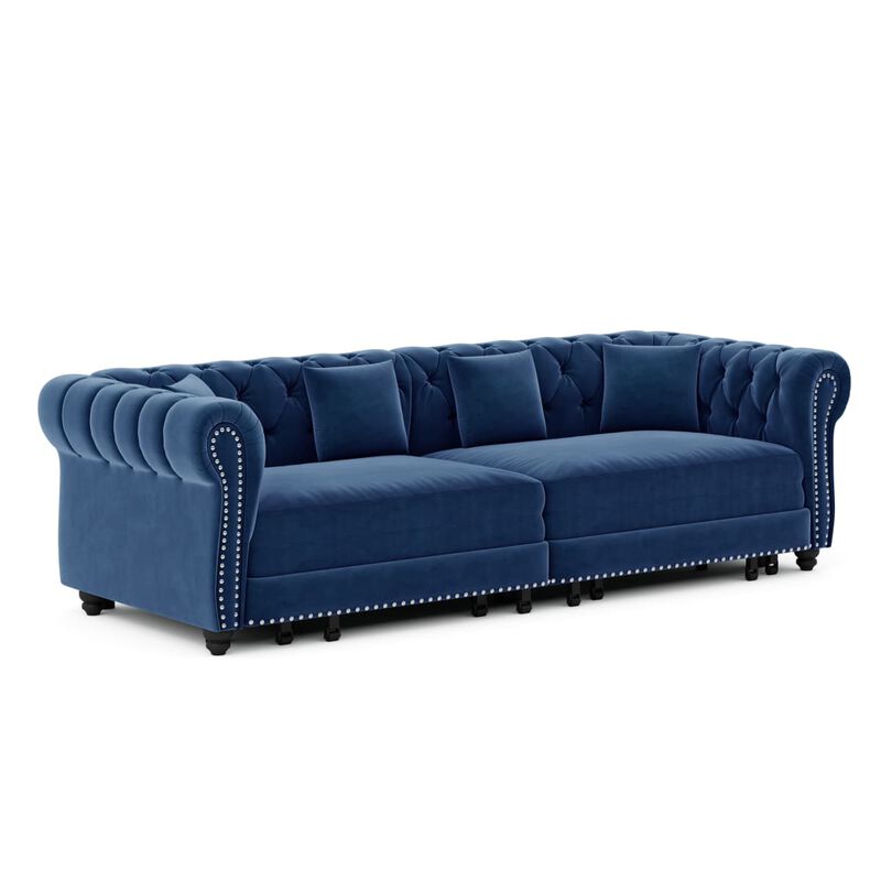 3-in-1 Pull-Out Sleeper Sofa, Velvet Chesterfield Sofa with Rolled Arms and Tufting, 89 Inch Convertible Sofa Bed with Ottoman image number 0