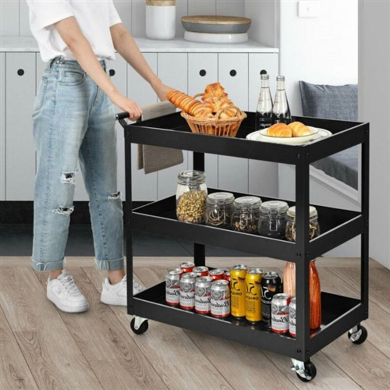 Steel Frame Kitchen Serving Utility Cart on Wheels with 2 Bottom Shelves