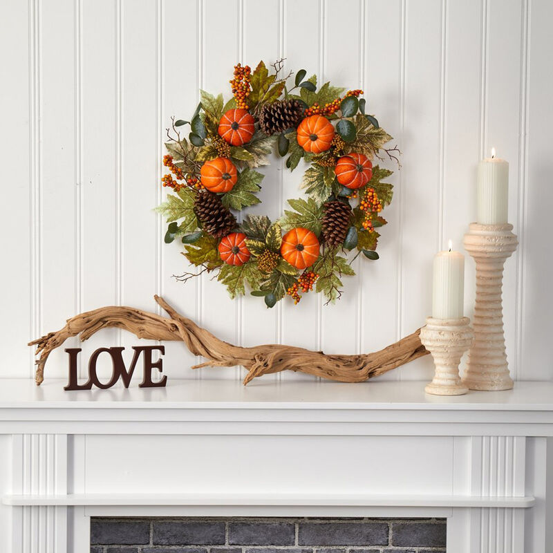 Nearly Natural 24-in Pumpkins, Pine Cones and Berries Fall Artificial Wreath