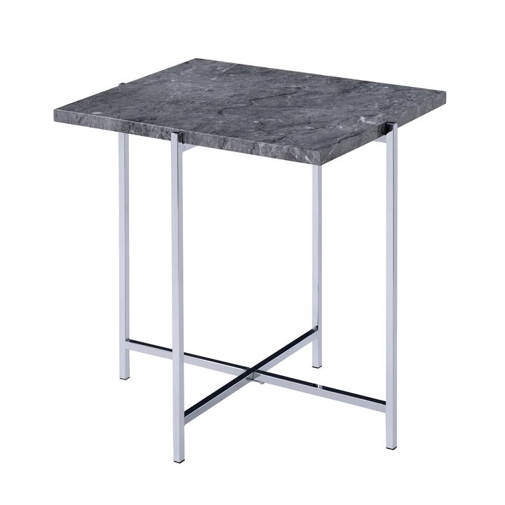 Contemporary Marble Top End Table with Trestle Base , Gray and Silver-Benzara