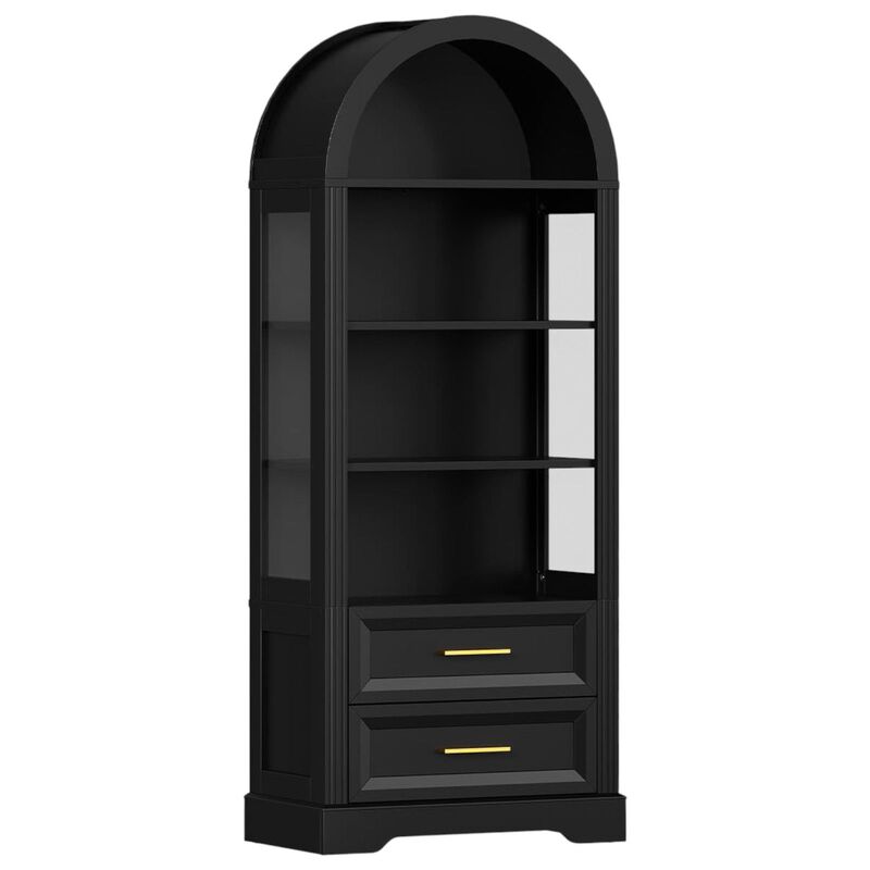 Arched Wooden Bookcase with Lights and 2 Drawers, Storage Display Shelf-Black image number 0