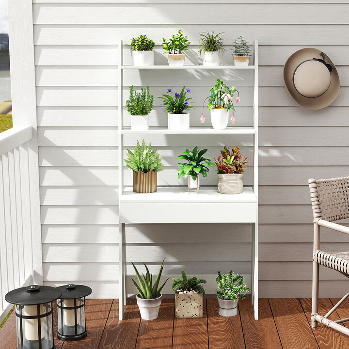 Wall Leaning Ladder Desk with Drawer and 2 Storage Shelves for Small Spaces