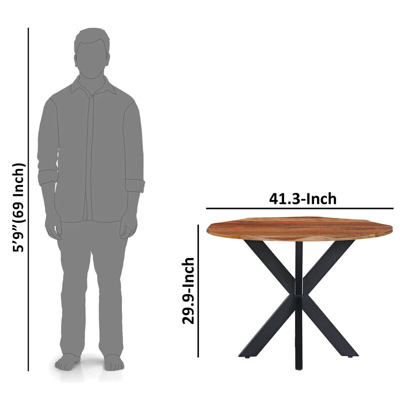 Kuri 41 Inch Handcrafted Live Edge Round Dining Table with a Natural Brown Acacia Wood Top and Black Iron Legs image number 4