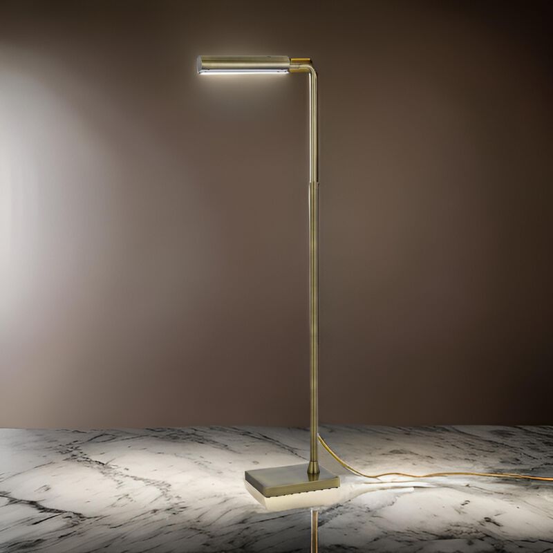 Kime 44-58 Inch Floor Lamp, Adjustable Height, LED, Antique Brass Finish - Benzara