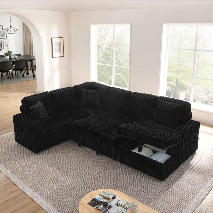Tercex U‑Shape Corduroy Striped Pull‑Out Sleeper Sectional Sofa