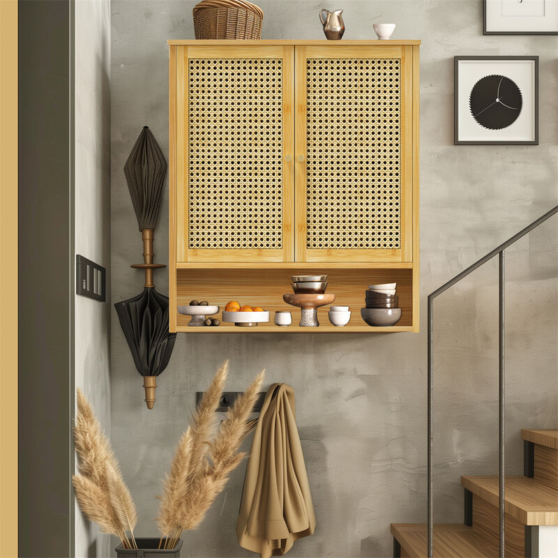 Bathroom Cabinet Wall Mounted, Bamboo Over-The-Toilet Storage Organizer 2 Door image number 6