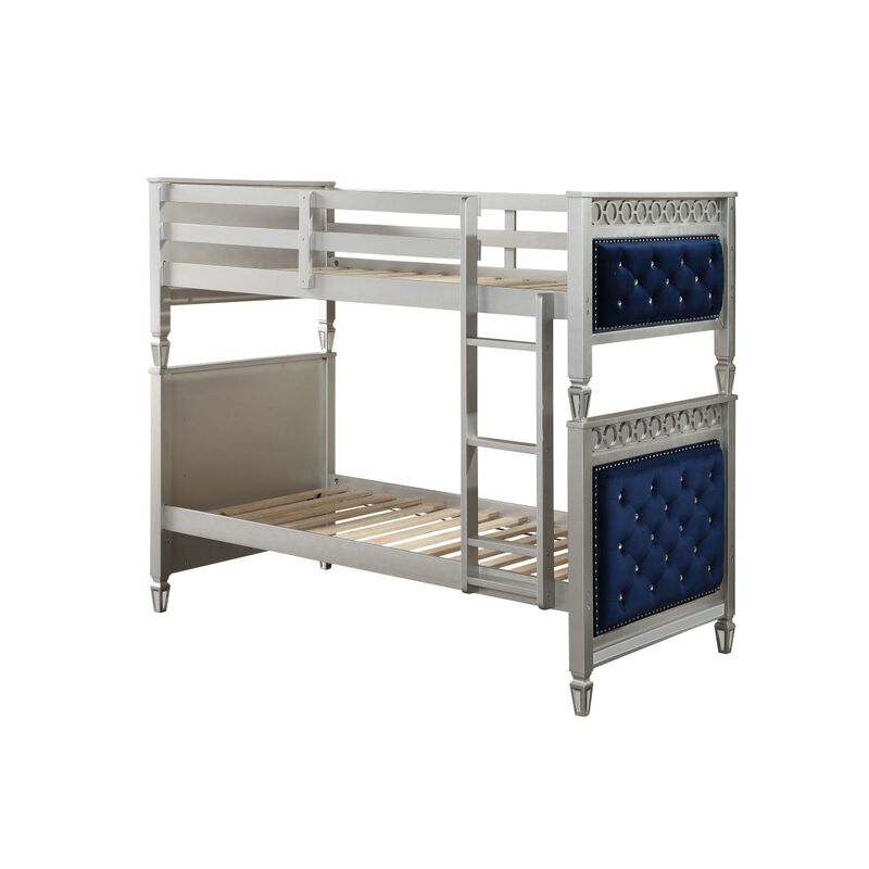 Varian Twin/Twin Bunk Bed, Blue Velvet & Silver Finish