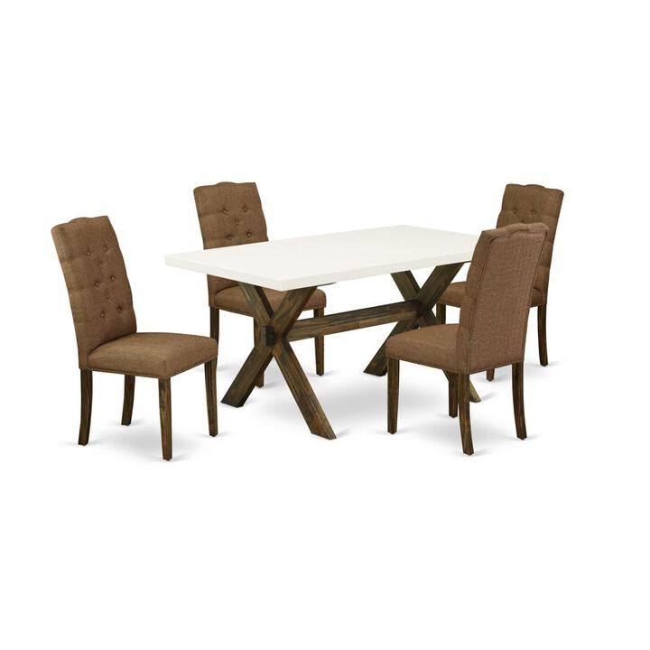 East West Furniture 5-Piece Rectangular Dining Table Set Included 4 Parson chairs Upholstered Seat and High Button Tufted Chair Back and Rectangular Dining Table with Linen White Dining Table Top - D