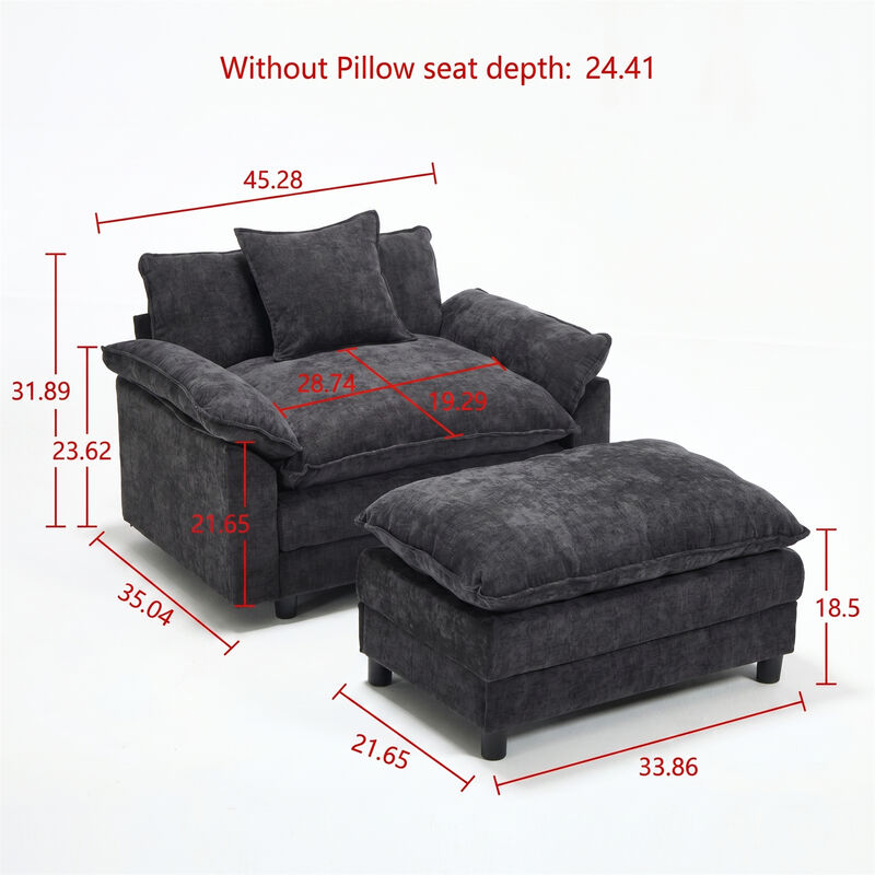 44.5 Inch Modern Chenille Accent Chair with Ottoman, Single Upholstered Reading Armchair image number 3