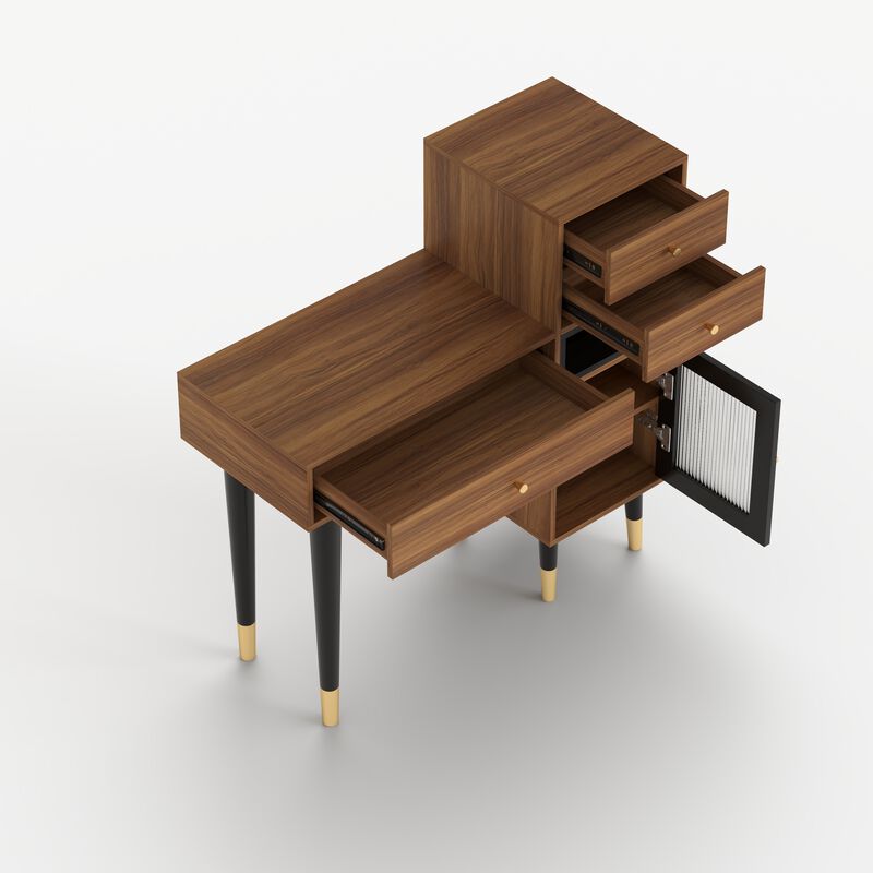 Wooden Makeup Vanity Desk with 3 Drawers, 1 Storage Shelf and 1 Door & Metal Legs for Bedroom, Apartment 39.76", Walnut image number 4