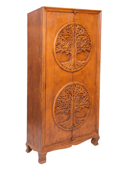 Brown Antique Tree of Life Solid Wood Armoire