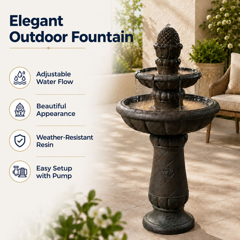 Teamson Home Outdoor Deluxe Pineapple 2-Tier Pedestal Fountain, Carbon Gray image number 2