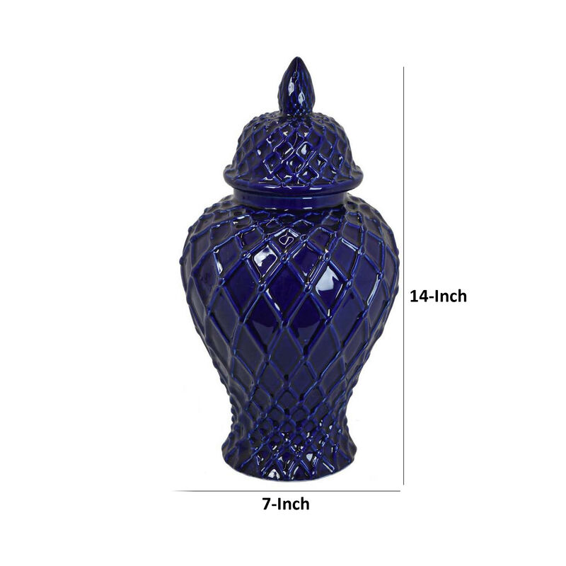 Livie 14 Inch Temple Ginger Jar, Geometric Design, Dome Lid, Ceramic, Blue - Benzara