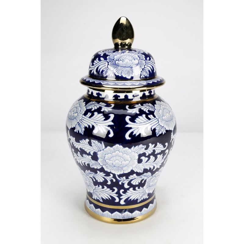 Aai Blue And White Temple Jar With Gold Trim image number 0