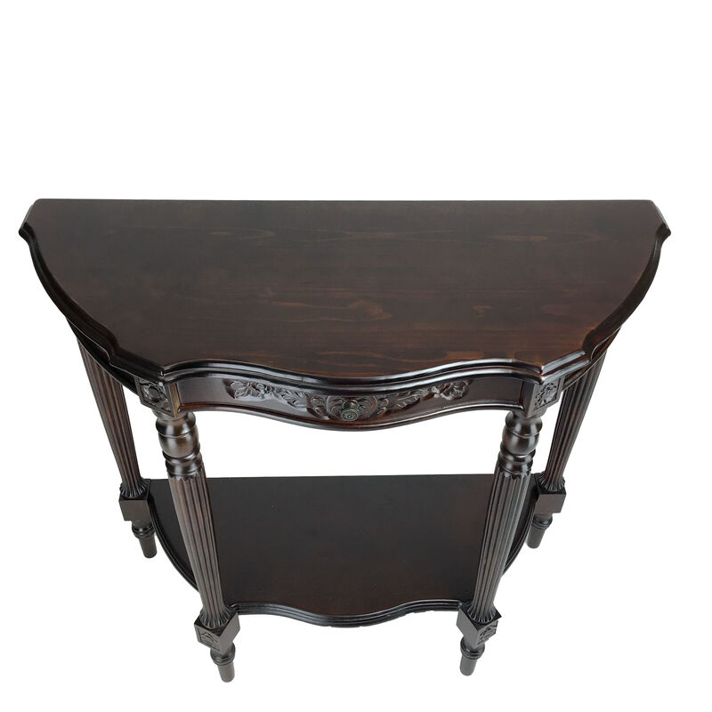Half Crescent Moon Shape Engraved Wooden Console Table with 1 Drawer,Brown