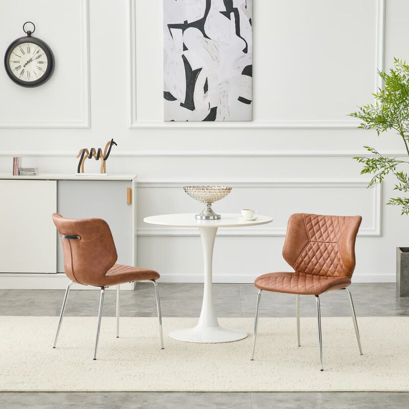 Set of 2 Leather Dining Chairs Square High Back Dining Chairs with Diamond Tufting Retro Dining Chairs with Metal Legs and Back Handle image number 4