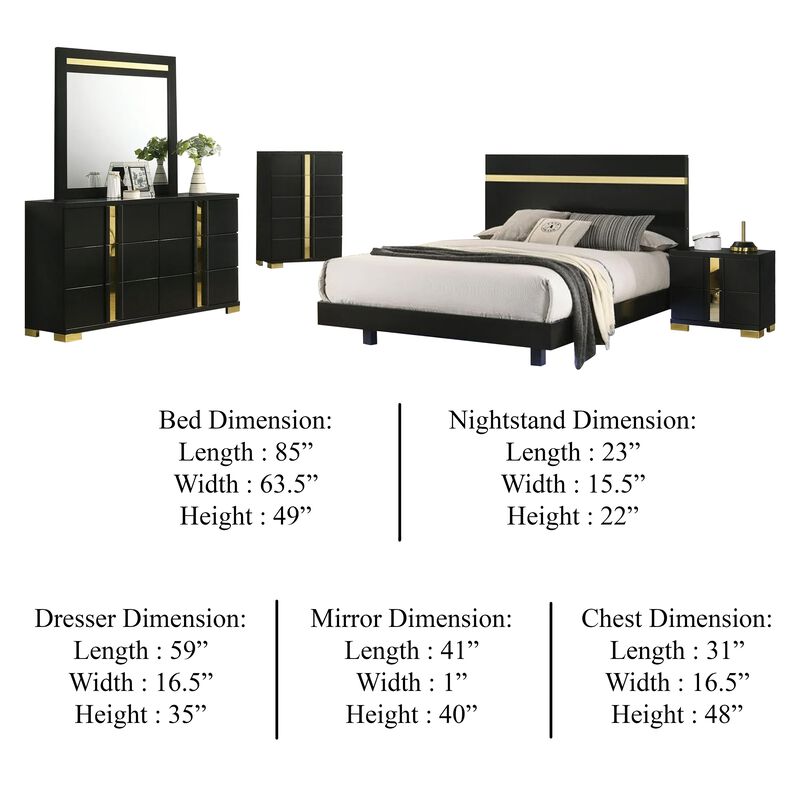 Yoki 5pc Queen Bedroom Set w Underbed LED, Black and Gold, Tall Dresser image number 4