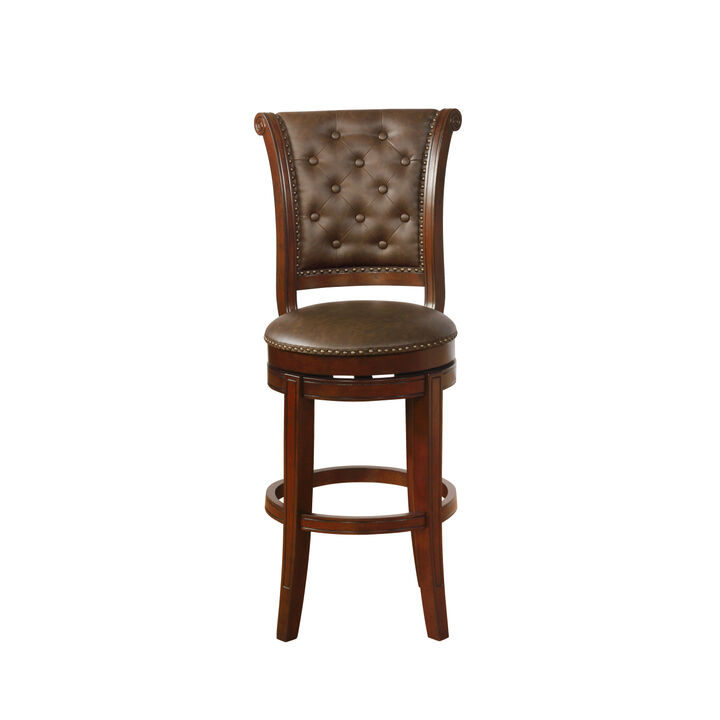 2Pc Beautiful Traditional Upholstered Swivel Barstool with Button Tufting Faux Leather Upholstery Padded Back Kitchen Dining Brown Espresso