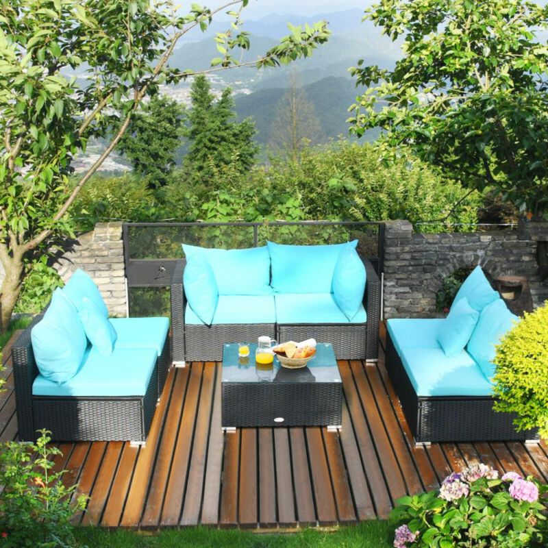 Hivvago 7 Pieces Sectional Wicker Furniture Sofa Set with Tempered Glass Top Coffee Table