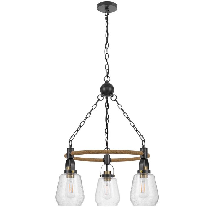 3 Light Chandelier, Rope Accents, Bubble Glass Bulbs, Black Metal 28 Inch