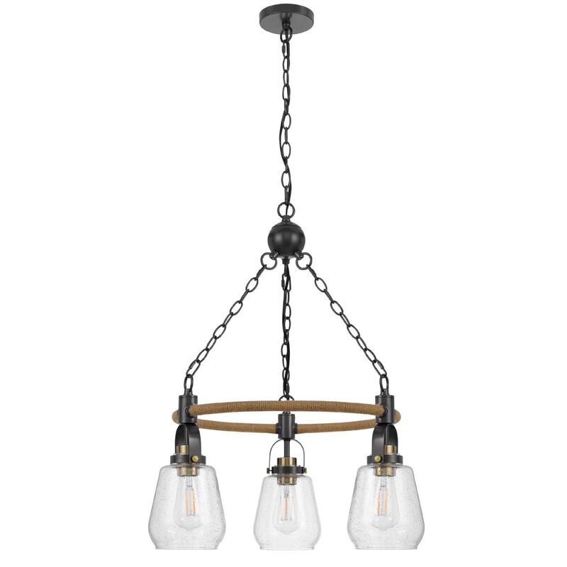3 Light Chandelier, Rope Accents, Bubble Glass Bulbs, Black Metal 28 Inch image number 0