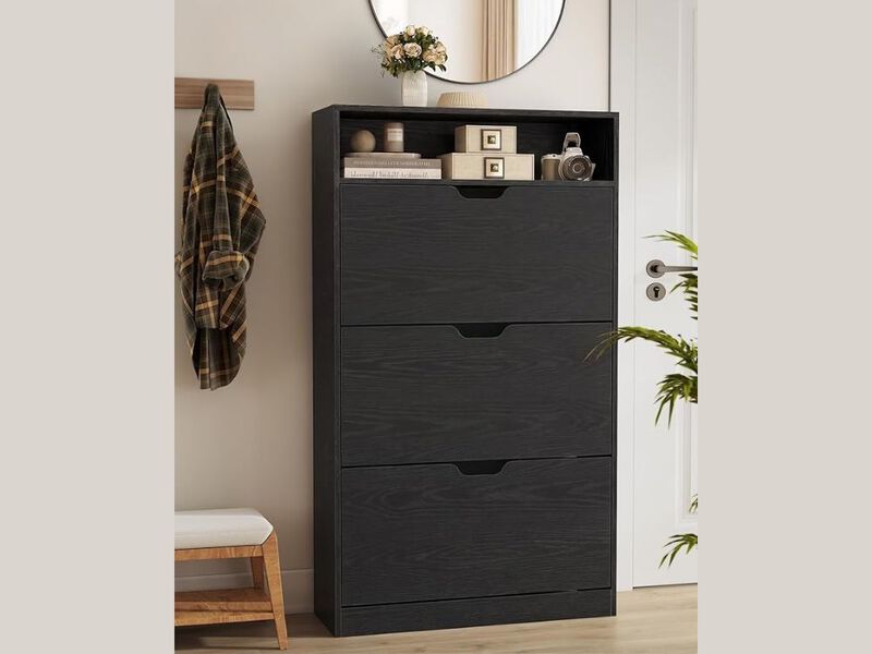 Shoe Storage Cabinet Flip Drawer Adjustable Shelves Black Vasagle image number 1