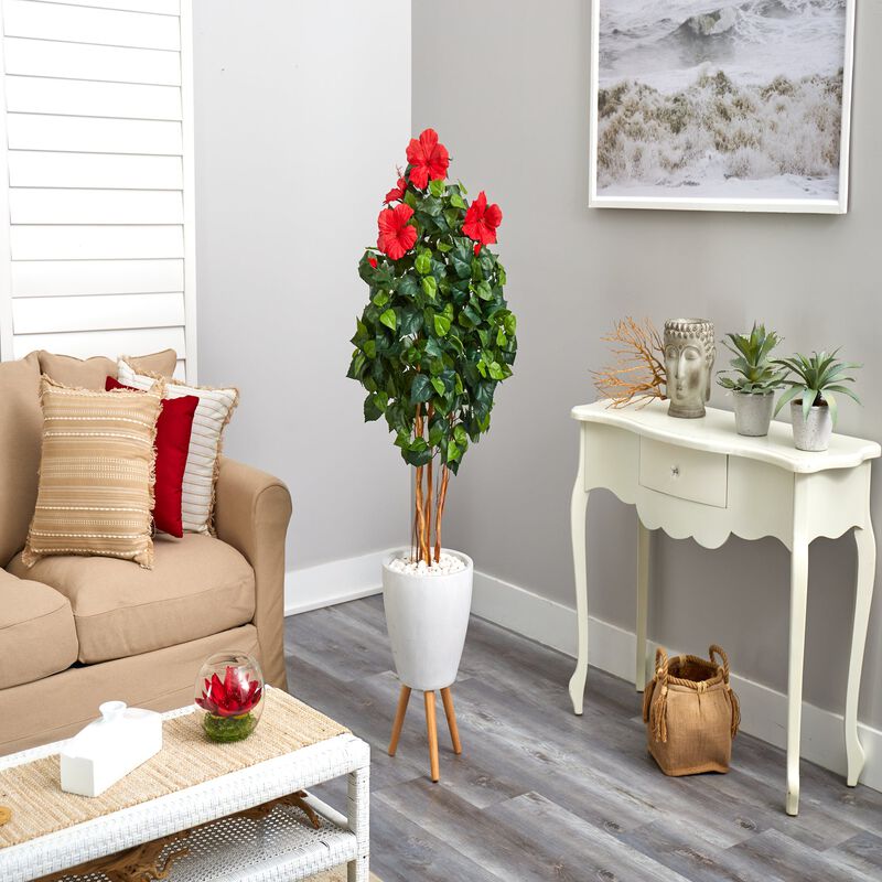 Hivvago 58 Inches Hibiscus Artificial Tree in White Planter with Stand