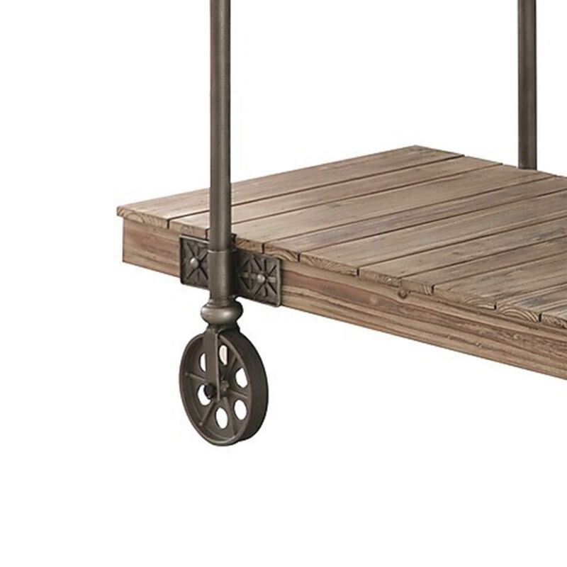 Loak 47 Inch Sofa Table, Plank Design, 1 Shelf, Wheels, Brown, Black