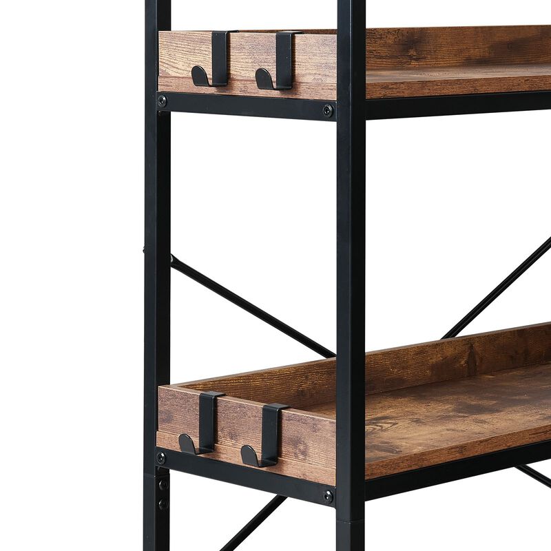Industrial Corner 5-Tier Bookshelf with Hooks, Metal Frame Wood Shelves, L-Shaped Display Rack image number 4