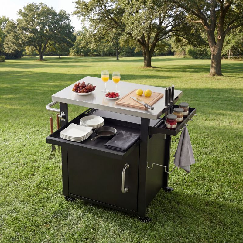 Whisen 39.5" Outdoor Kitchen Island with Storage Cabinet, Stainless Steel Pizza Oven Table on Wheels, Waterproof Cover Included image number 1