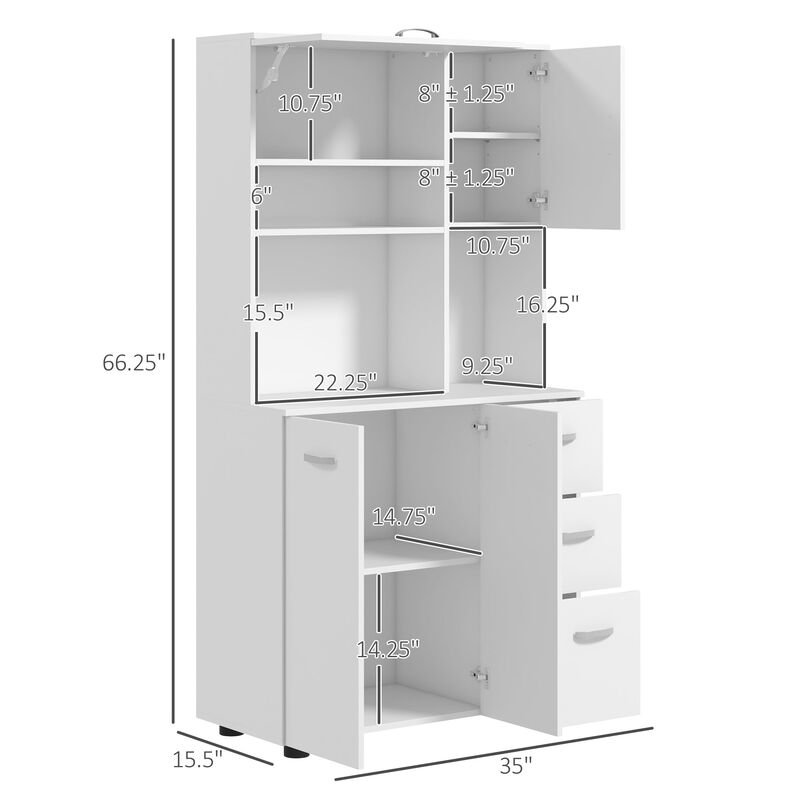 66" White Kitchen Pantry: Flip-Up Door, 3 Drawers, Countertop