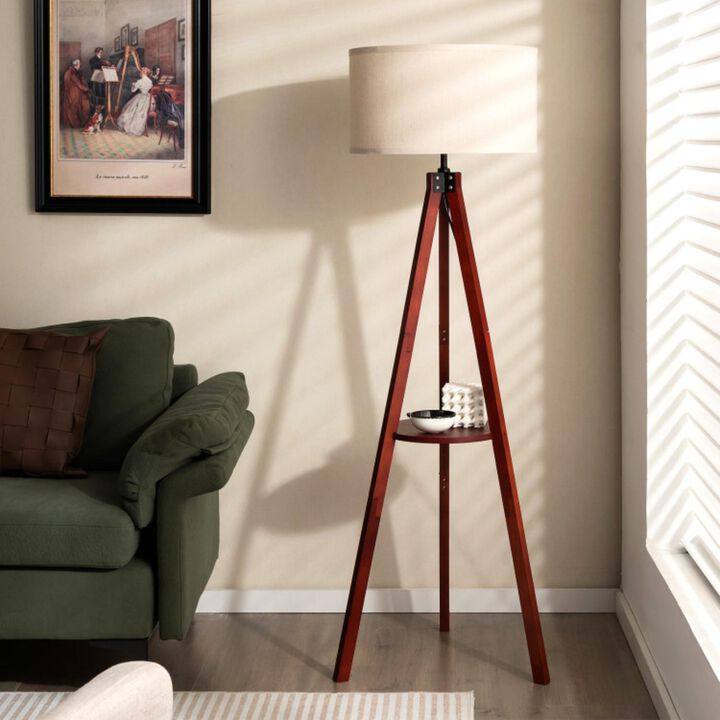 Hivvago Tripod Floor Lamp Wood Standing Lamp with Flaxen Lamp Shade and E26 Lamp Base-Brown