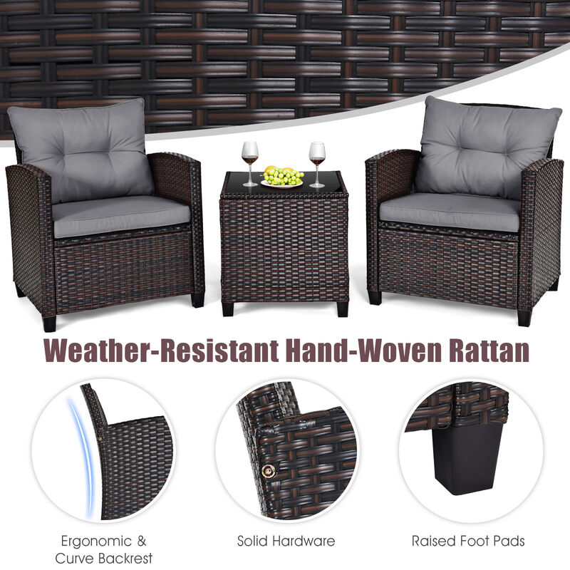 3 Pcs Patio Rattan Furniture Set Cushioned Conversation Set Coffee Table