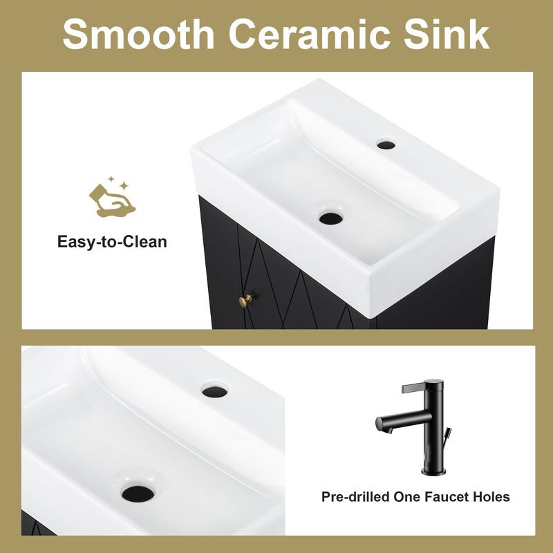 20 Inch Bathroom Vanity with Ceramic Sink Diamond Pattern Door Gold Handle Side Shelves and Towel Bar