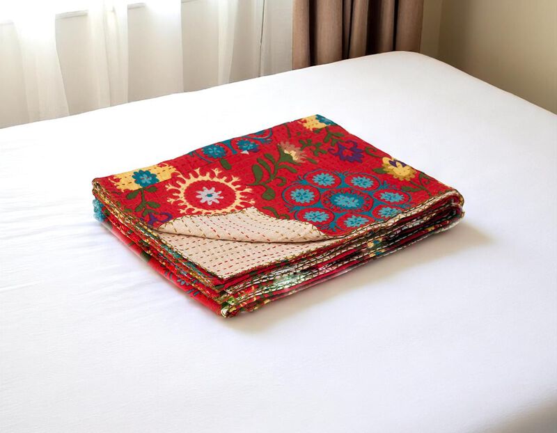 HomeRoots 50" X 70" Red Floral Cotton Quilted Kantha Throw Blanket with Embroidery image number 1