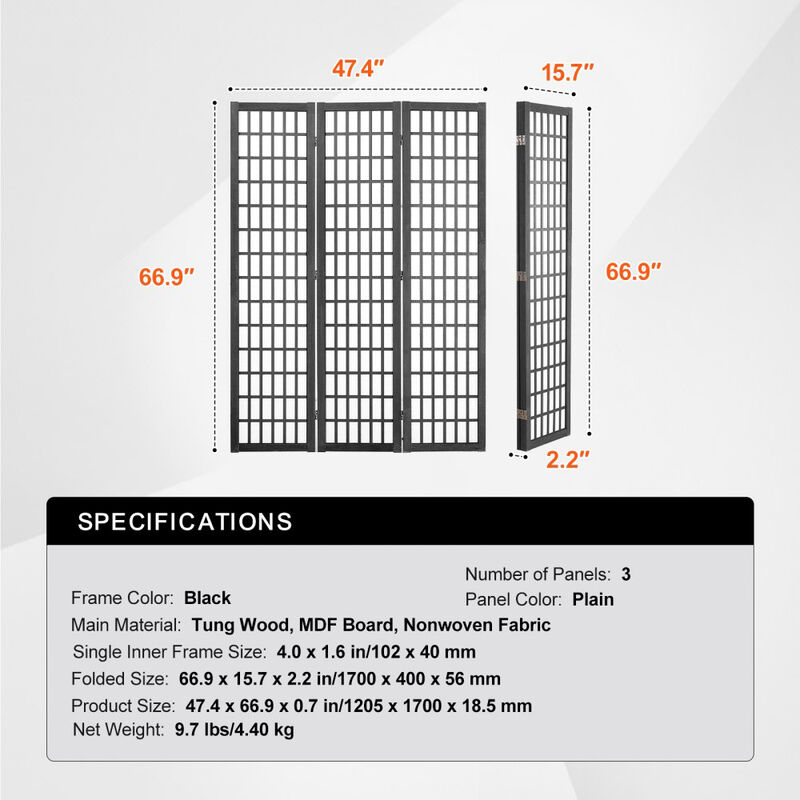 3-Panel Room Divider Screen, Freestanding Wooden Folding Privacy Partition image number 2
