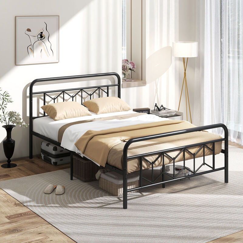 Minimalist Platform Bed with Tall Headboard and Snap Lock Metal Slats