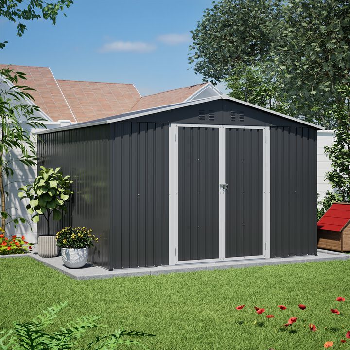 10 x 10 FT Galvanized Steel Storage Shed, Lockable Tool Shed for Backyard Patio Lawn, Grey