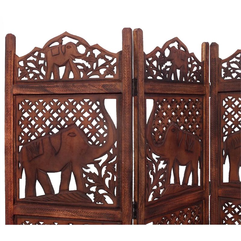 Hand Carved Elephant Design Foldable 4 Panel Wooden Room Divider, Brown-Benzara