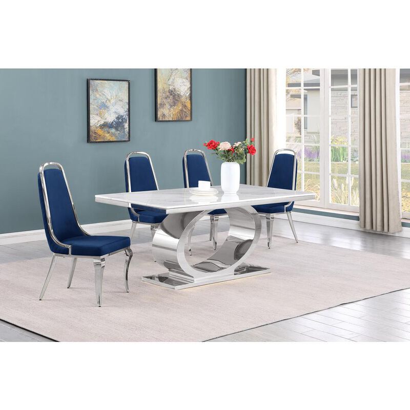 5pc Small(68") marble top dining set with silver base and 4 Navy blue chairs
