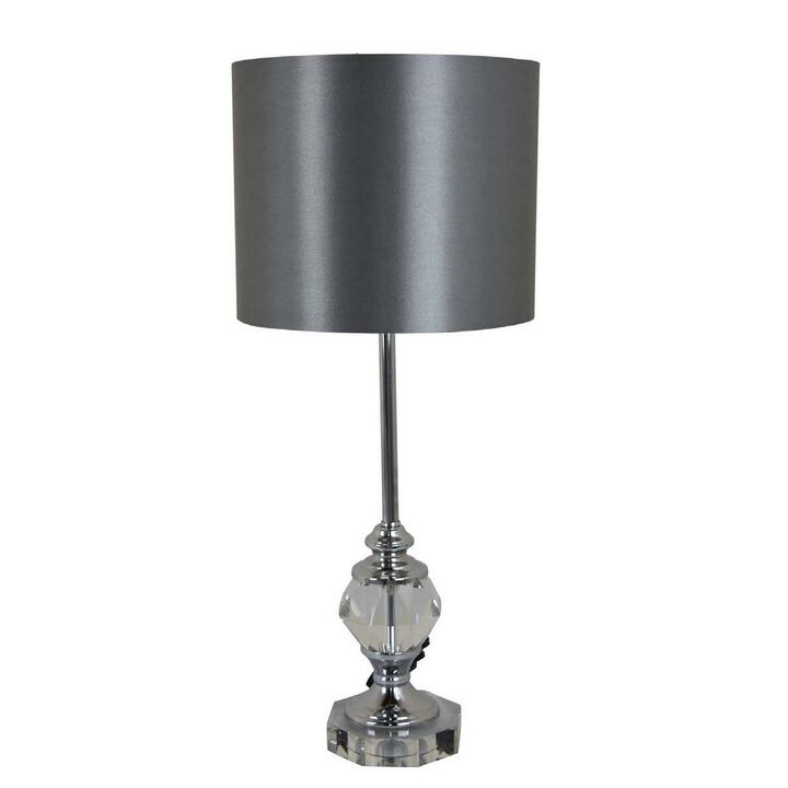 25 Inch Table Lamp, Gray Drum Shade, Modern Clear Glass Finial Body, Gray - Benzara