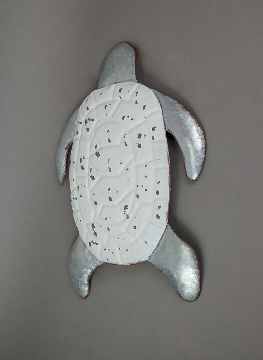 Galvanized Zinc Finish Metal Sea Turtle Wall Hanging With Painted Shell