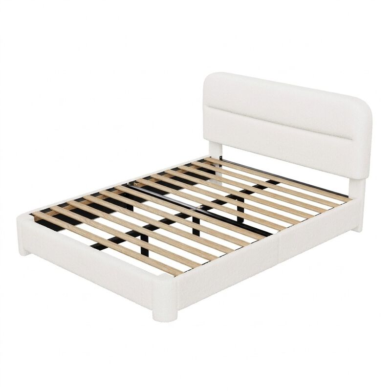 Vipbear Upholstered Boucle Platform Bed Frame with Adjustable Wide Headboard, Wooden Slats, White image number 0