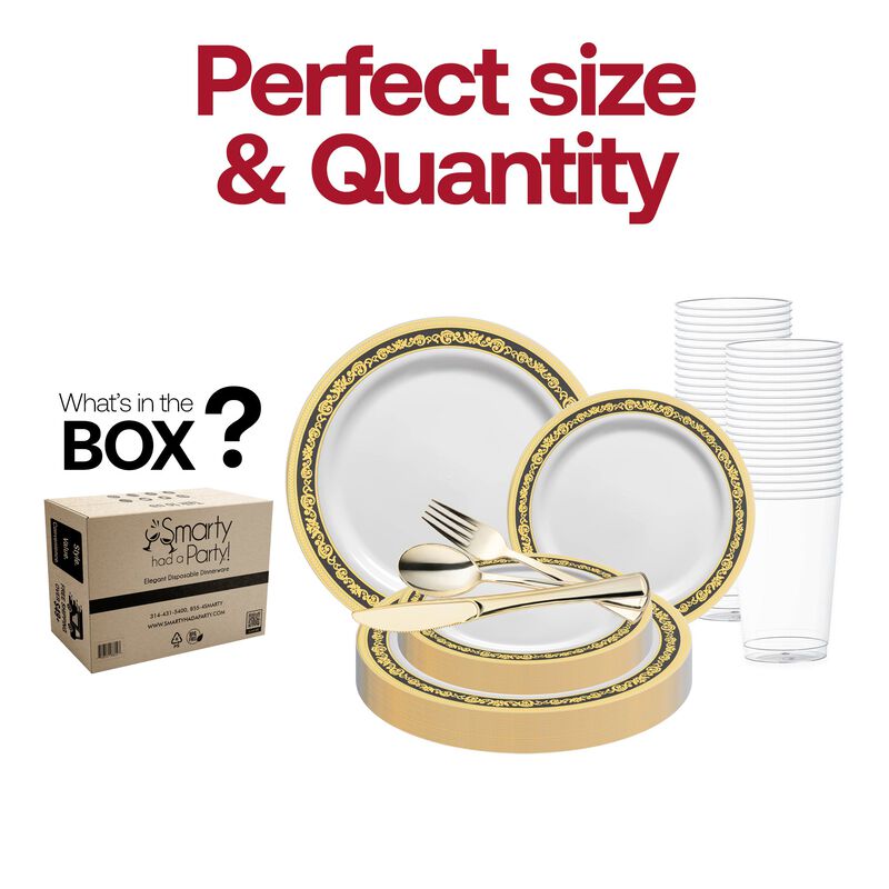 White with Black and Gold Royal Rim Plastic Wedding Value Set (30 Sets) image number 3