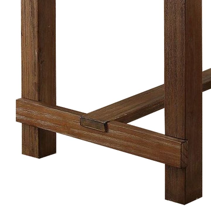 Rustic Plank Wooden Counter Height Table with Block Legs, Oak Brown