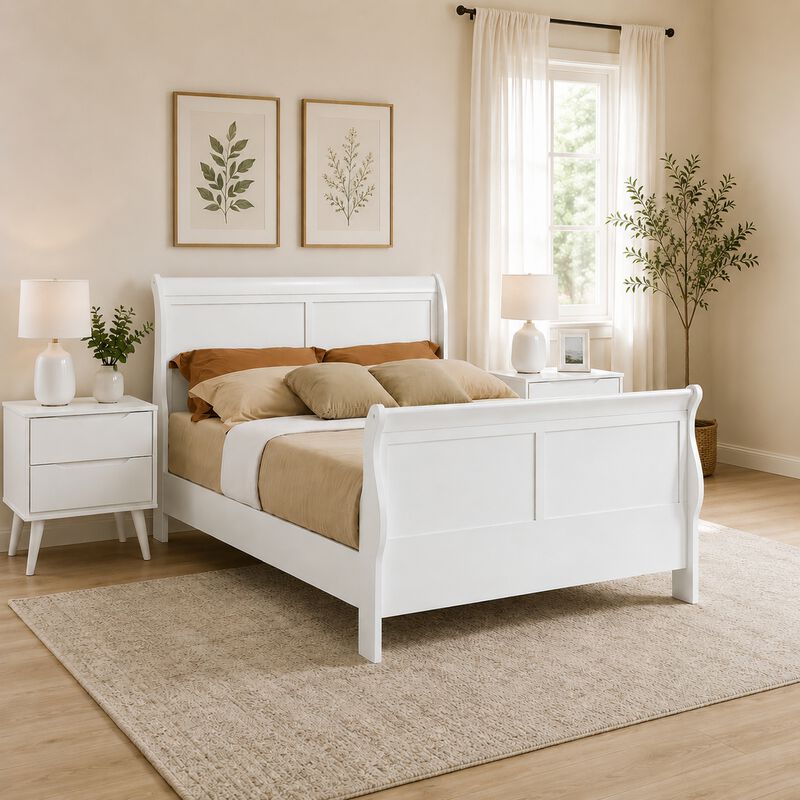 Queen Bedroom Set, White Wood, 3 Piece Set with 2 Nightstands image number 8