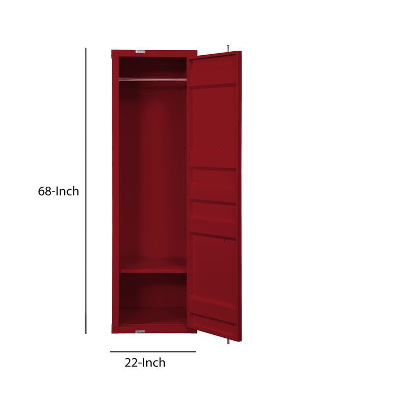 Single Door Wardrobe with Double Storage Compartment and Cremone Bolt, Red - Benzara