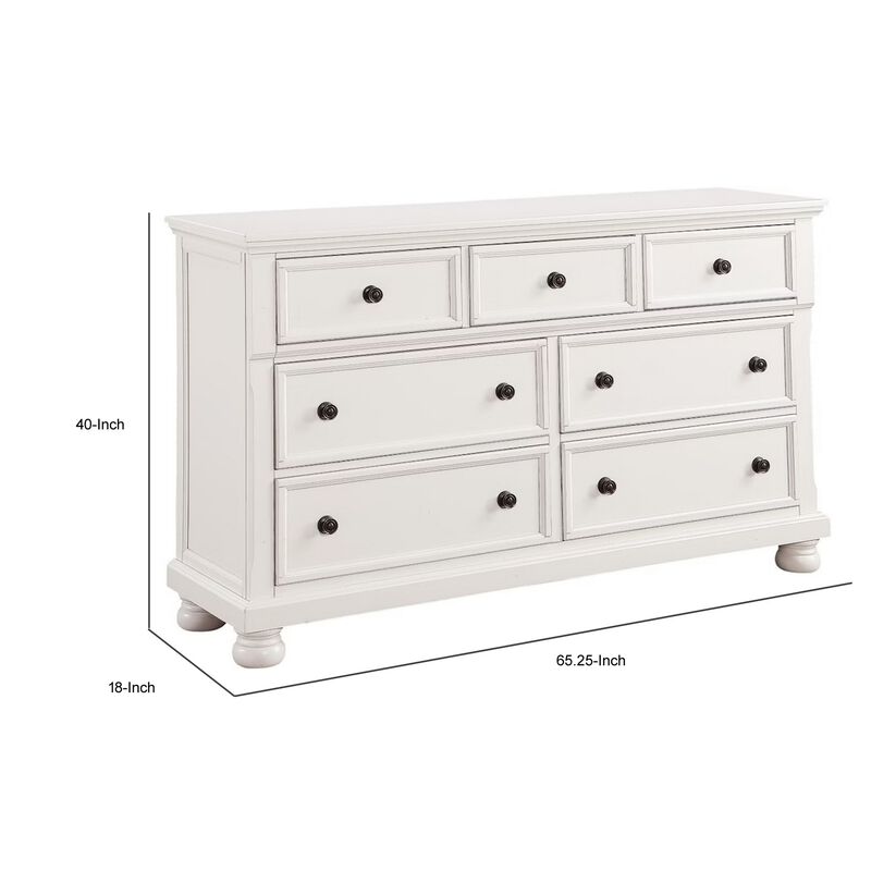 Transitional Style Seven Drawer Wooden Dresser with Round Bun Legs, White - Benzara image number 4