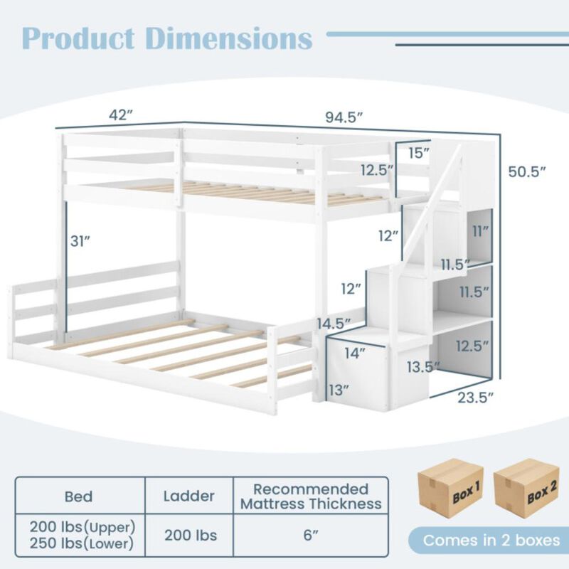 Hivvago Solid Wood Twin Over Full Low Bunk Bed with Storage Stairs