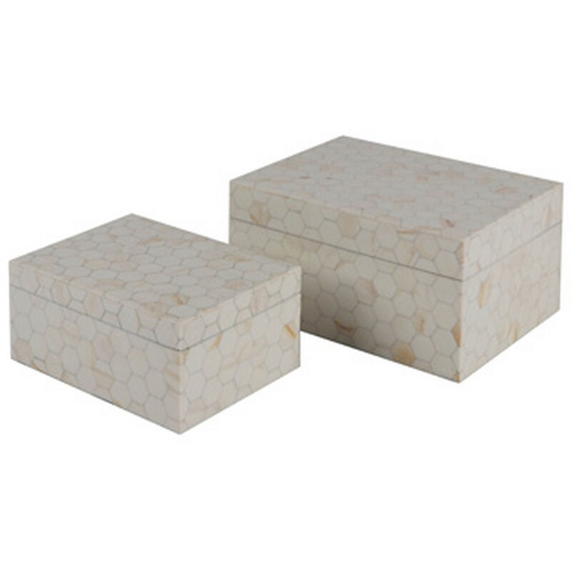 Alia Decor Storage Box Set of 2, Rectangular, Geometric White Wood Tones - Benzara